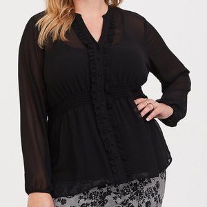 Torrid Black Sheer Chiffon Ruffle Button Down Blouse